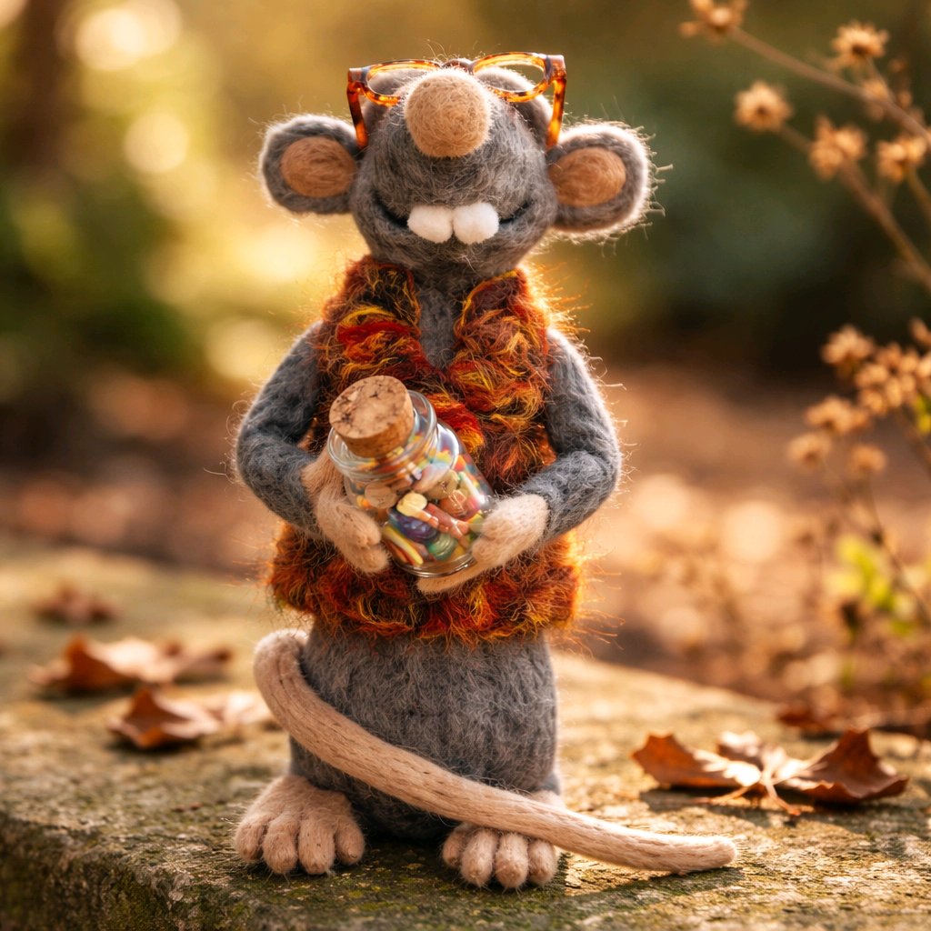 gefilzte Ratte mit Brille und Lutscherglas