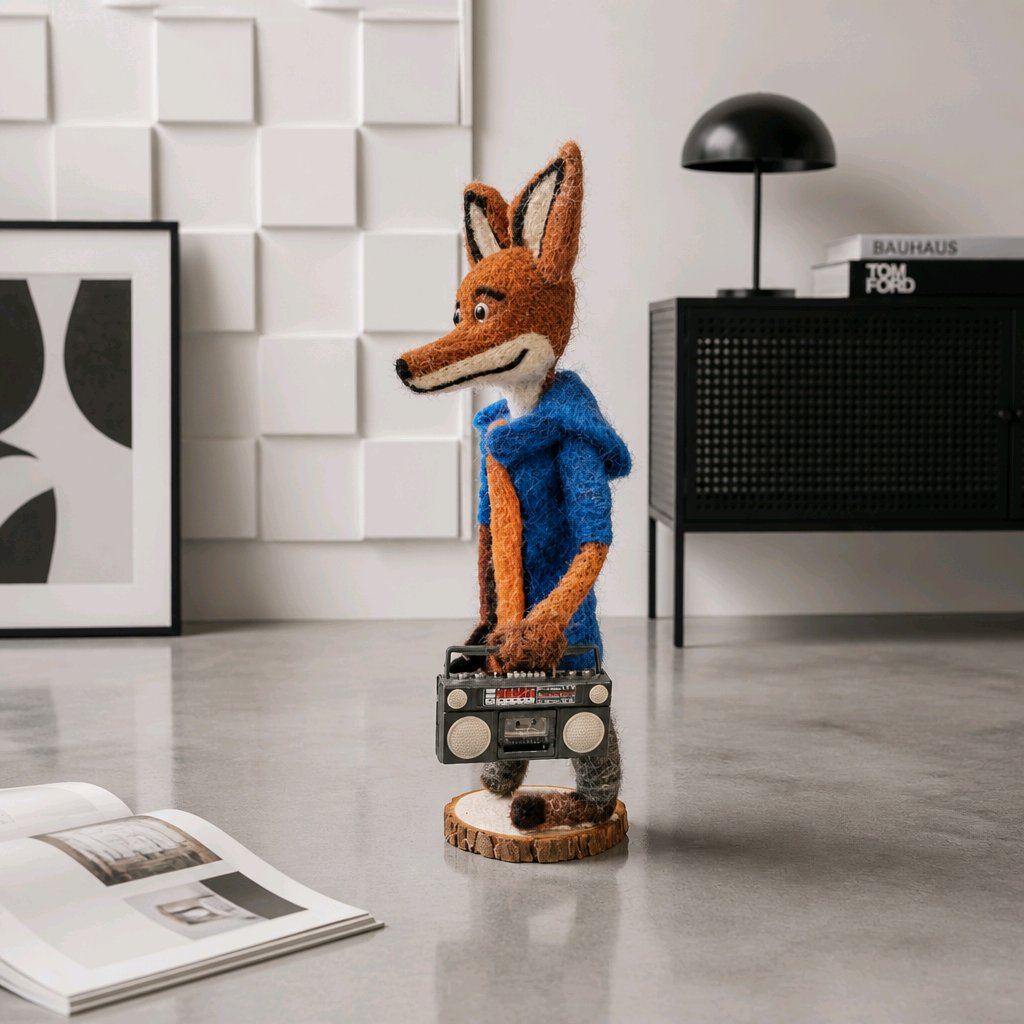 gefilzter Fuchs mit Radiorekorder und Kopfhörern