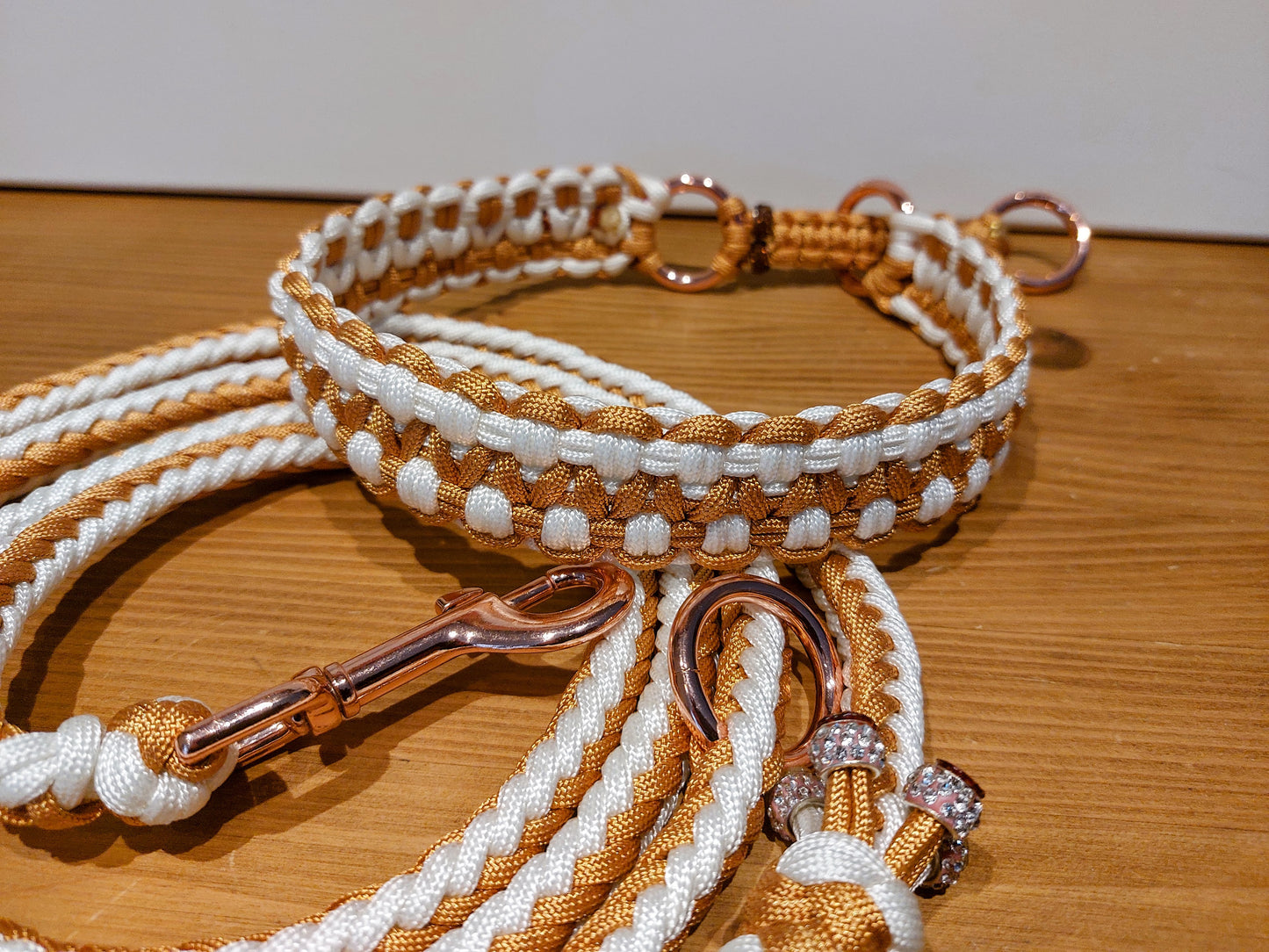 Handgefertigte Hundeleine + Zug-Halsband "Goldpfote"