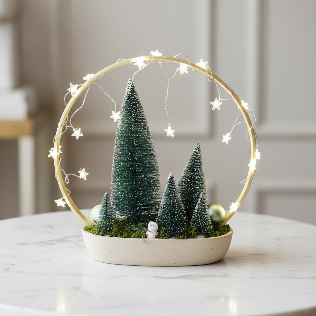 Beton Weihnachtsdeko mit Tannenbäumen und Lichterkette