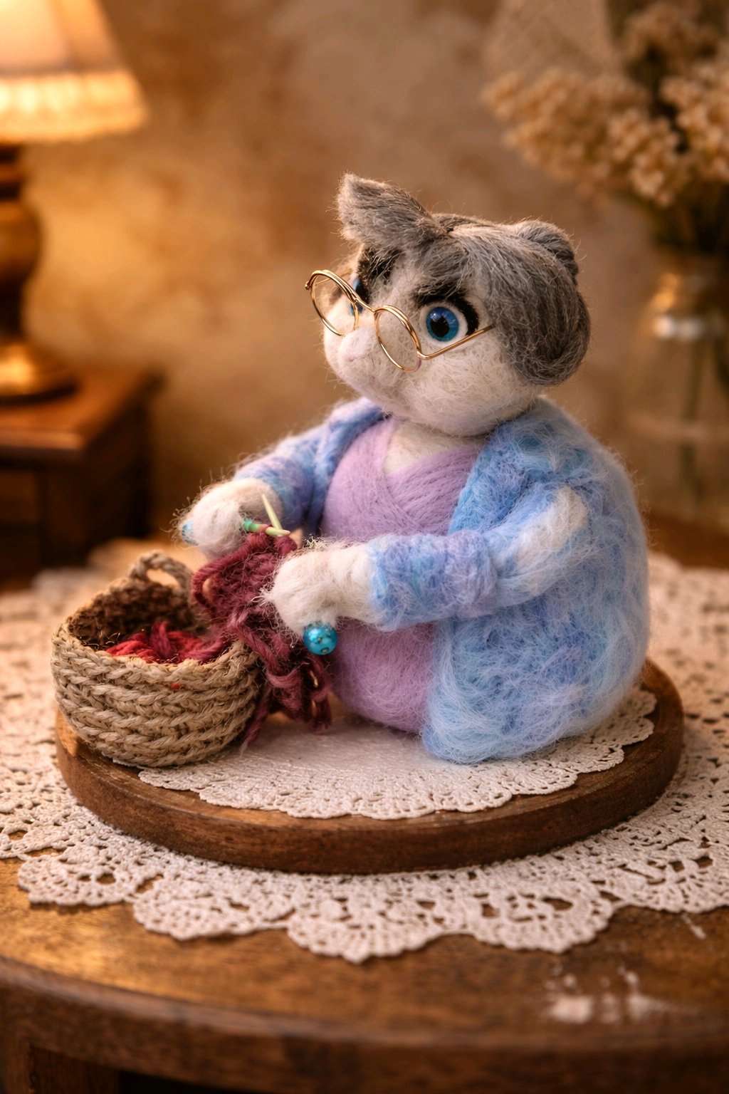 Strick Omi auf Holzscheibe