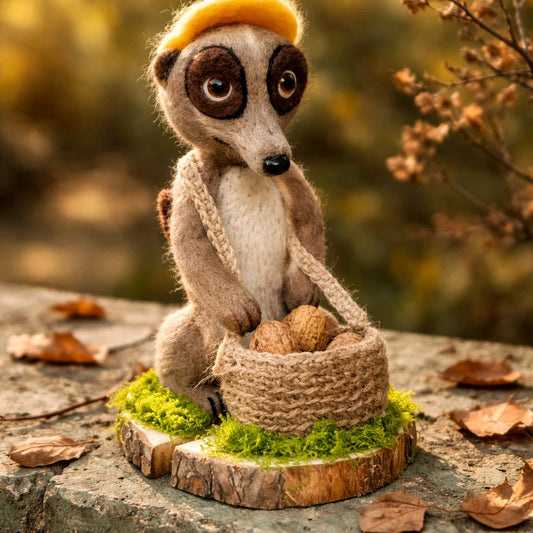 Erdmännchen mit Wallnüssen im Korb