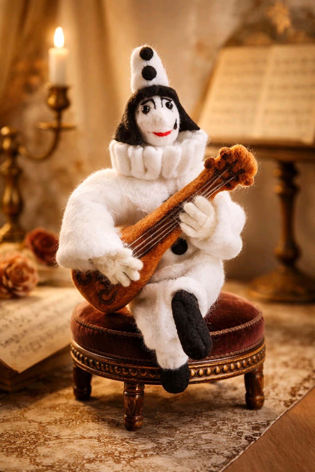 Pierrot Clown mit Gitarre auf Holzstamm