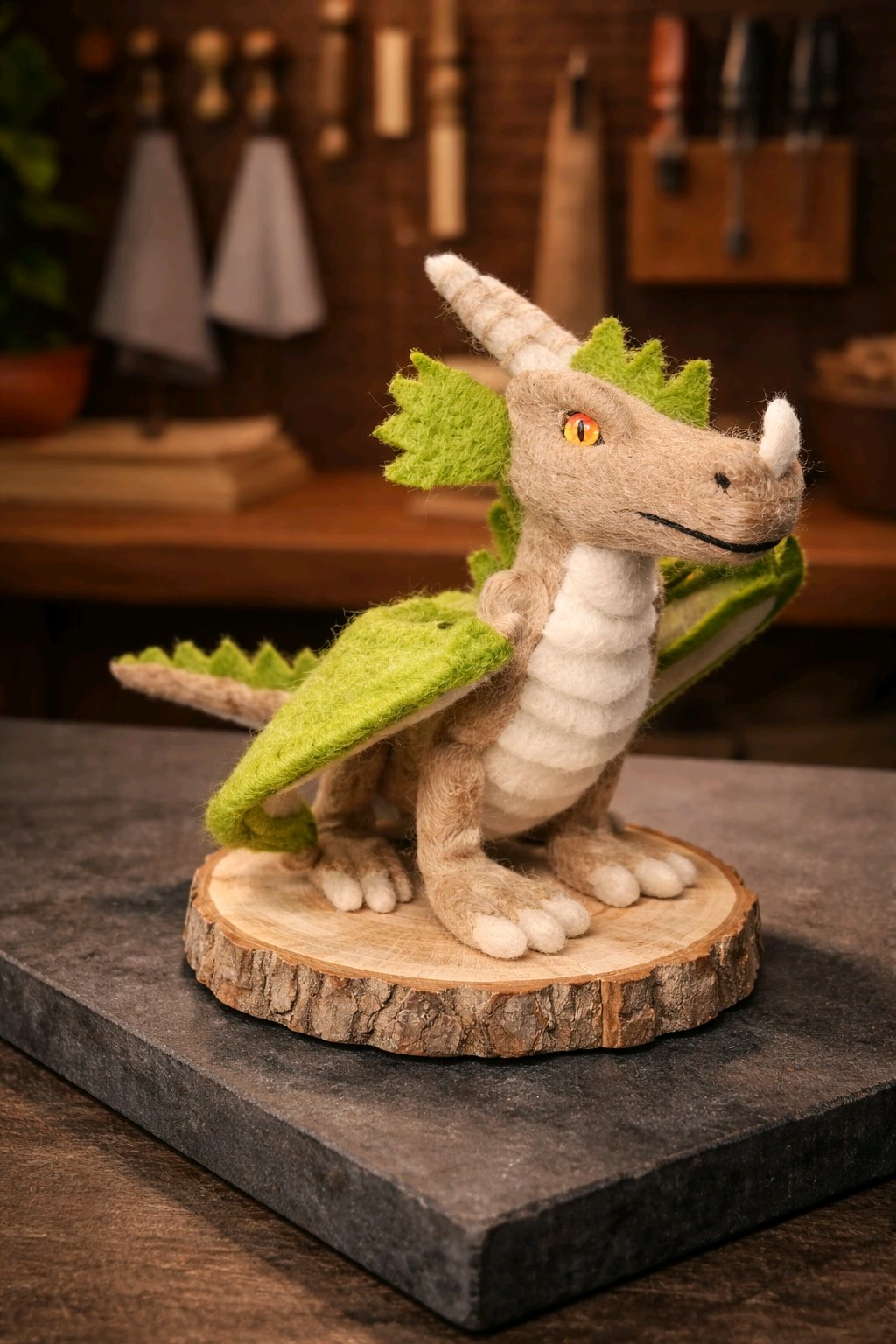 großer Filzdrache auf Holzscheibe