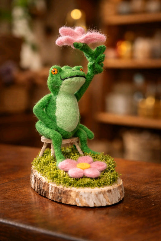 Frosch auf einem Stuhl mit Blumen
