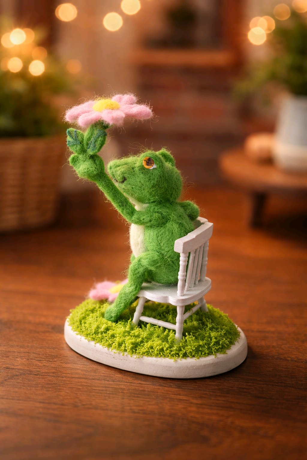Frosch auf einem Stuhl mit Blumen