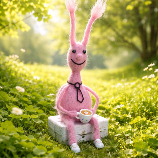 pink Beetle auf Koffer mit Tasse