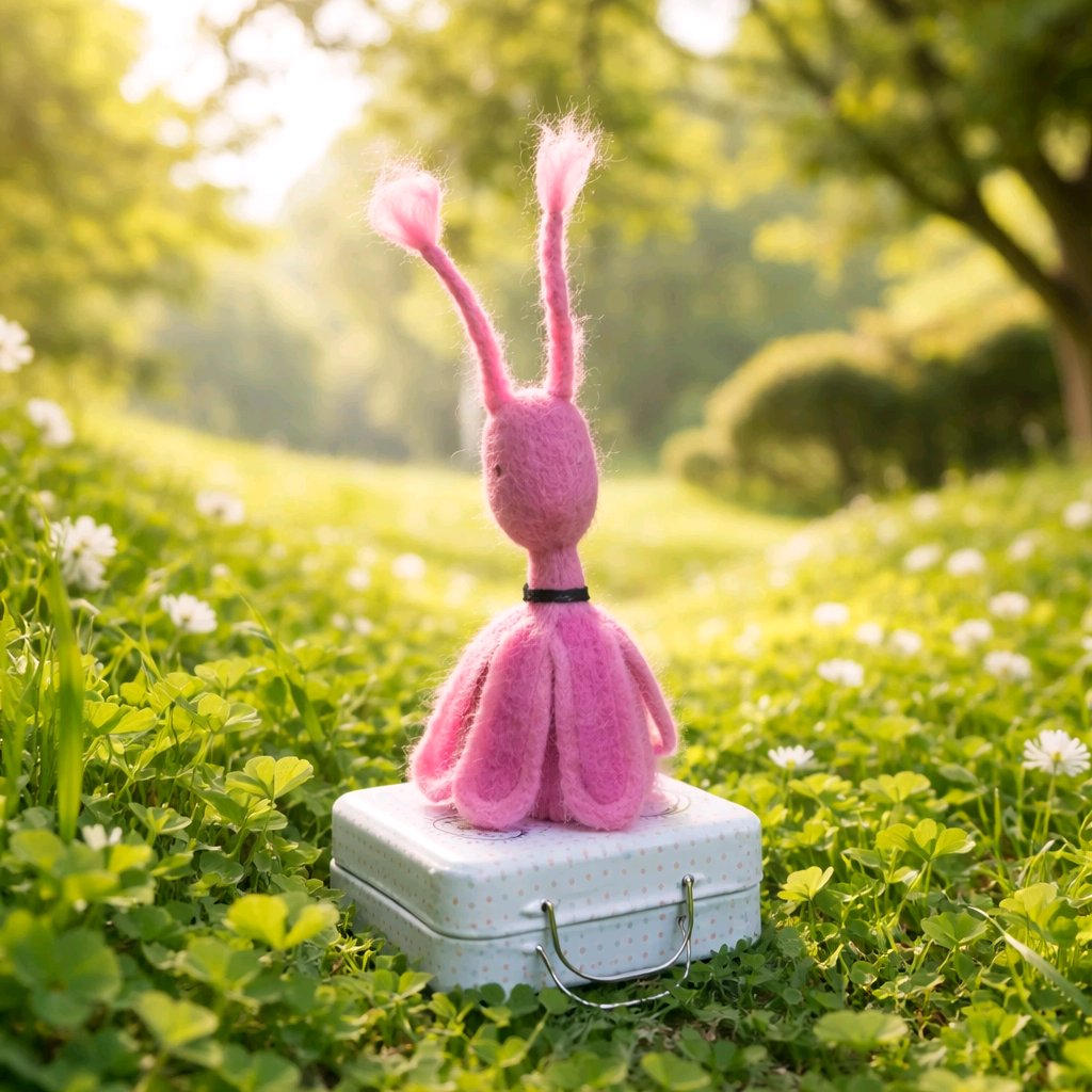pink Beetle auf Koffer mit Tasse