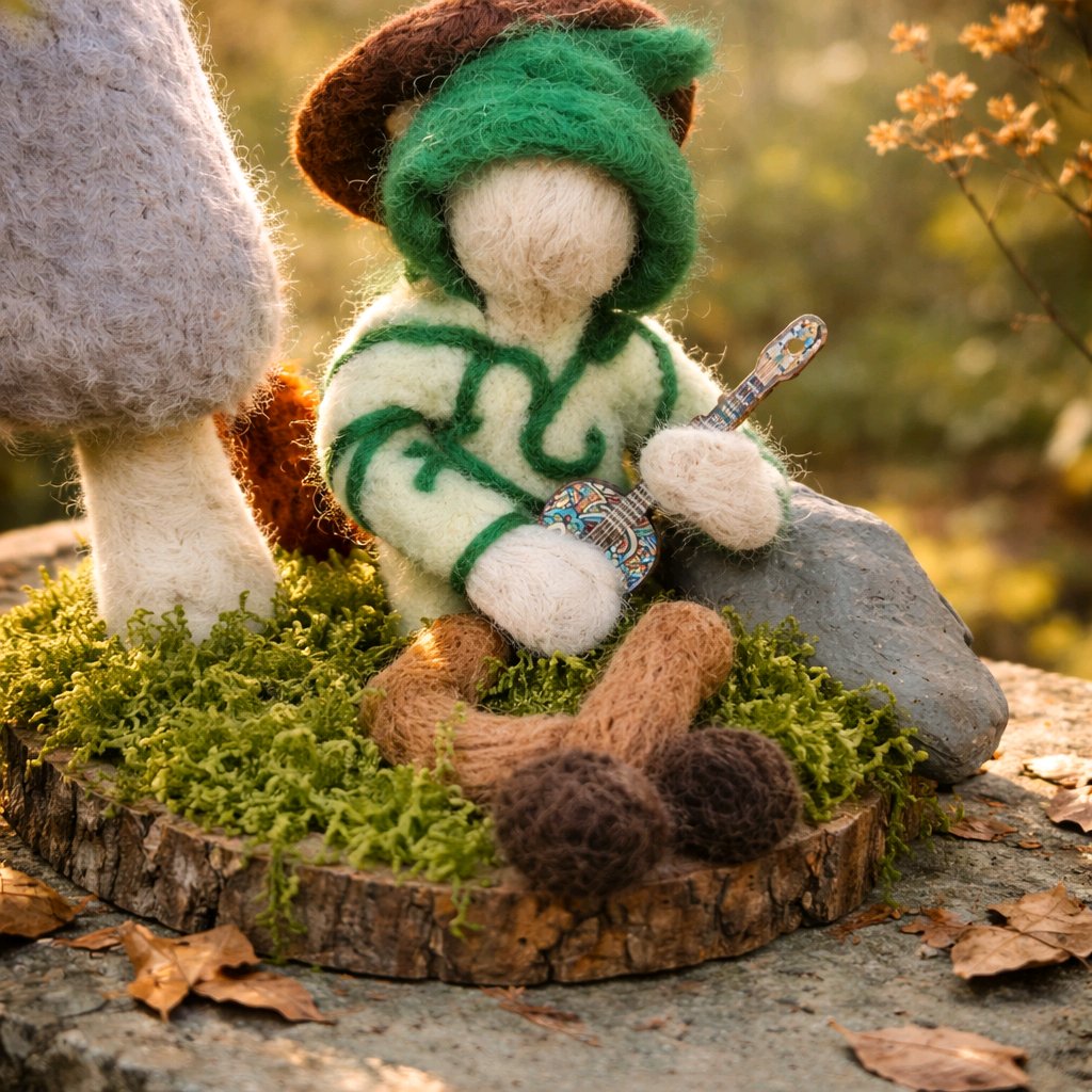 gefilzter Wichtel mit Gitarre unter Pilzen