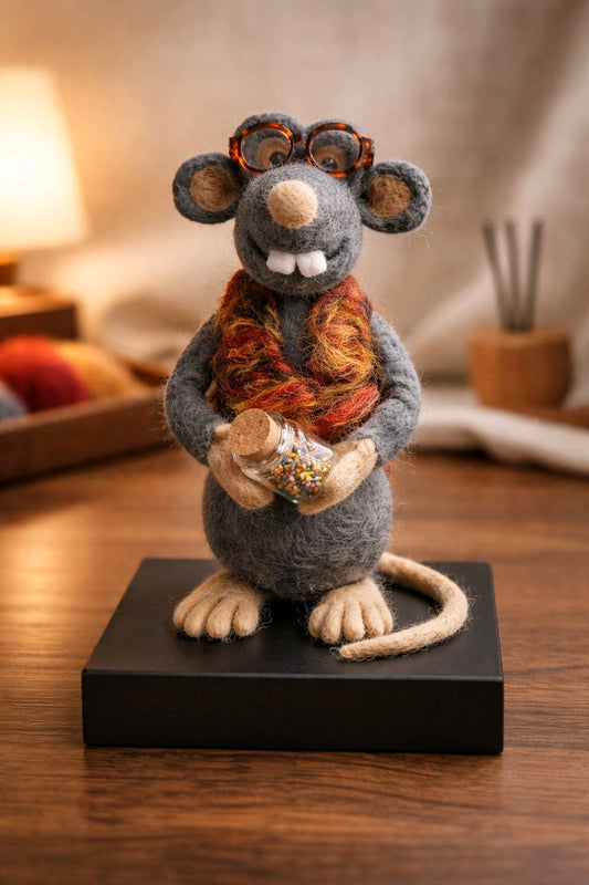 gefilzte Ratte mit Brille und Lutscherglas