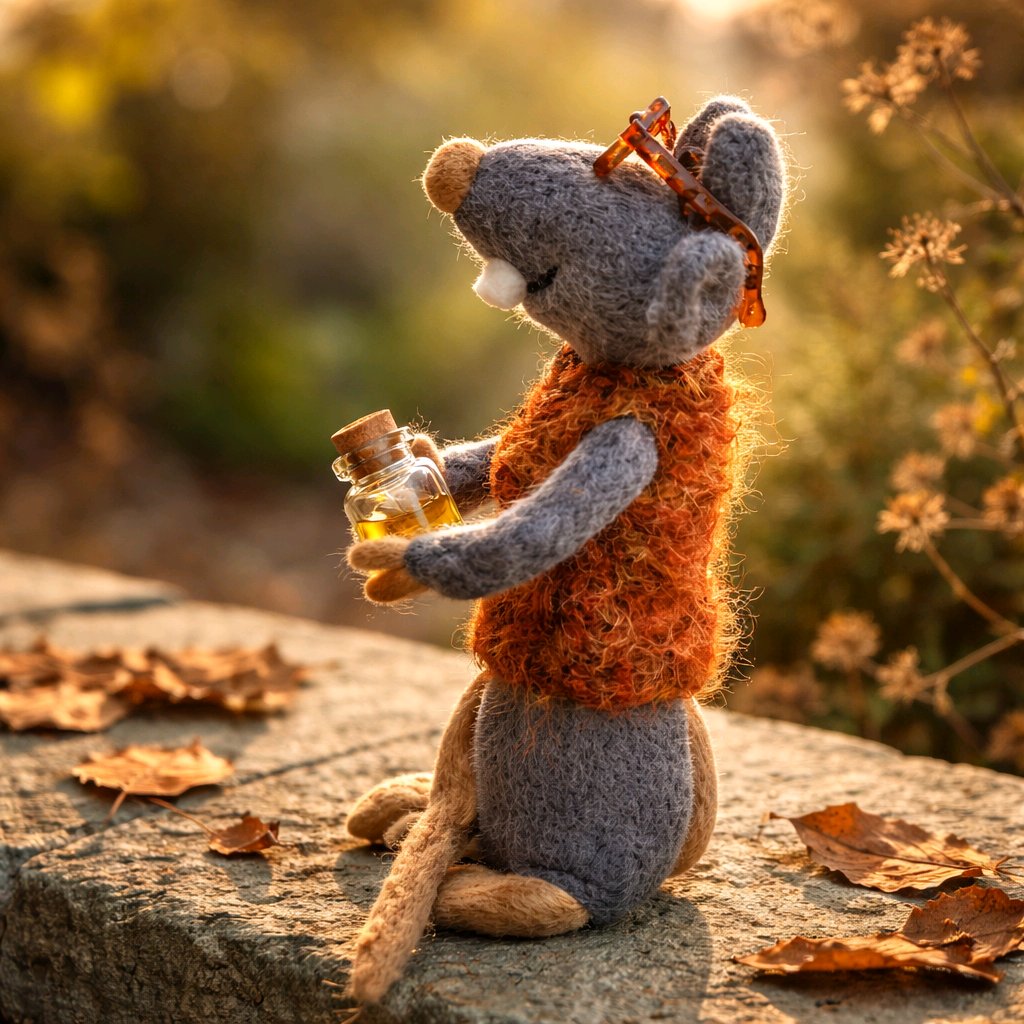 gefilzte Ratte mit Brille und Lutscherglas