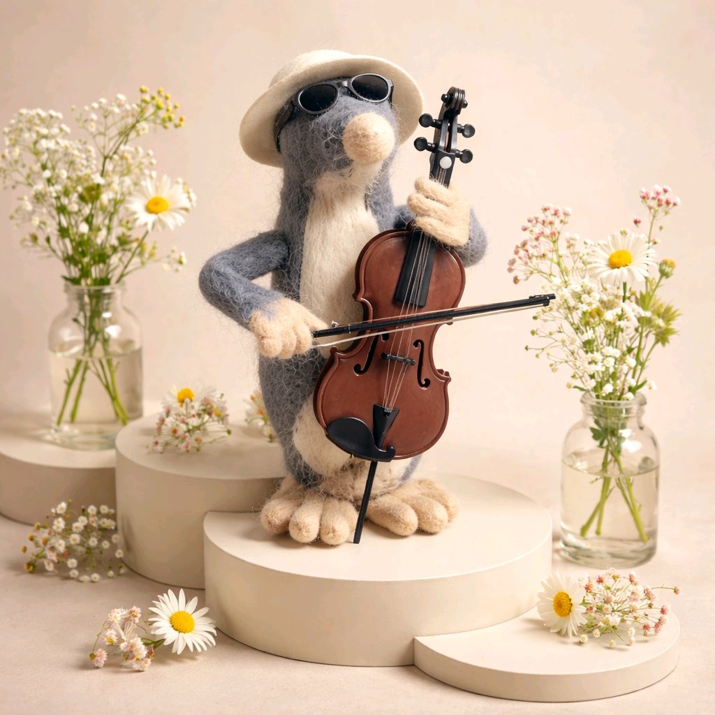 gefilzter Maulwurf mit Cello