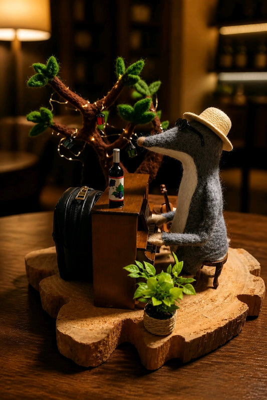 gefilzter Maulwurf am Klavier mit leuchtendem Filzbaum