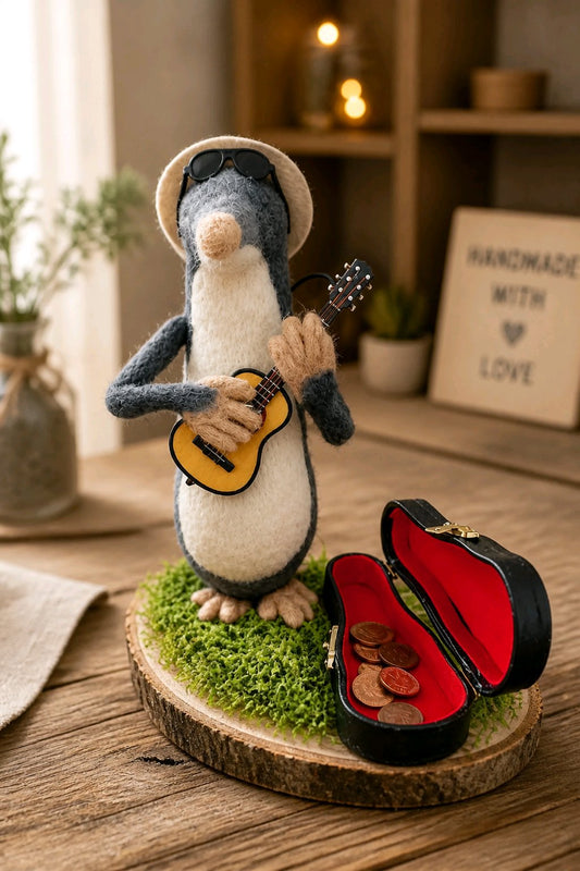gefilzter Maulwurf mit Gitarre und Gitarrenkoffer