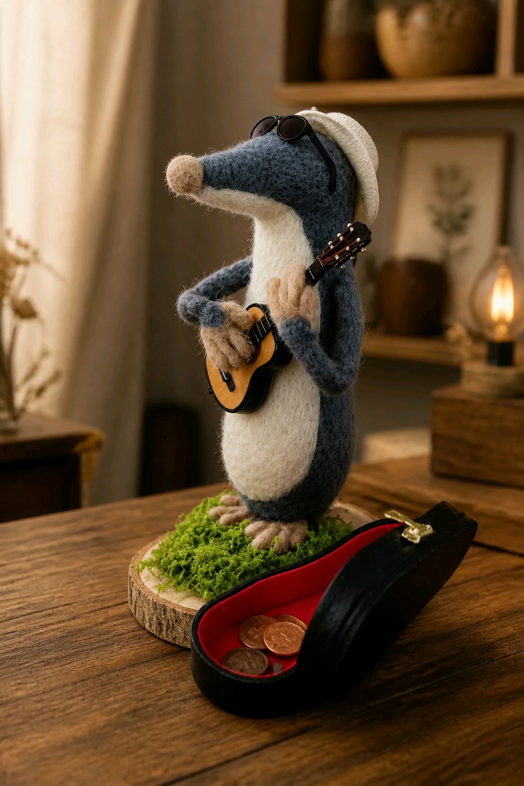 gefilzter Maulwurf mit Gitarre und Gitarrenkoffer
