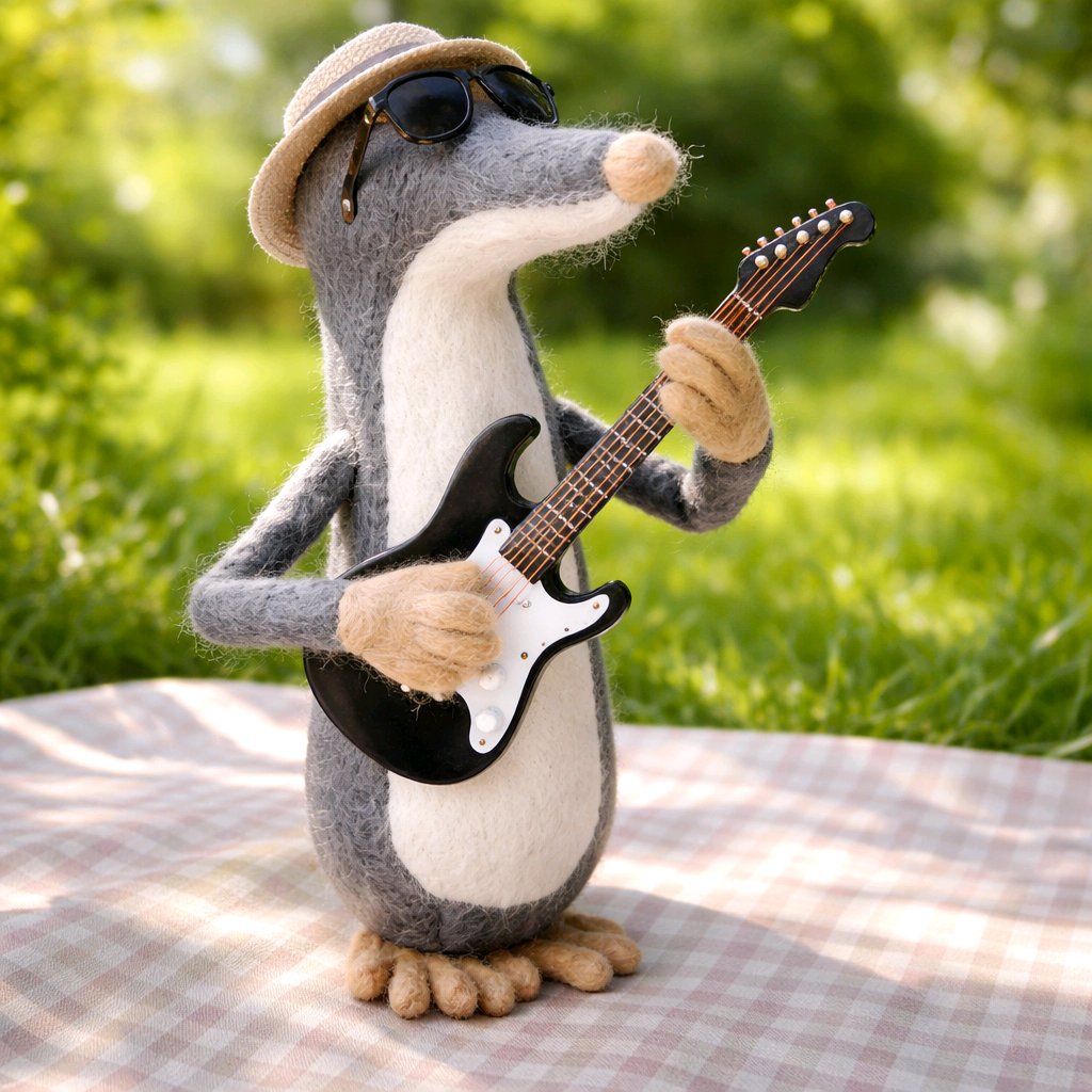 gefilzter Maulwurf mit E-Gitarre