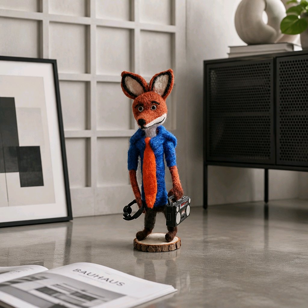 gefilzter Fuchs mit Radiorekorder und Kopfhörern