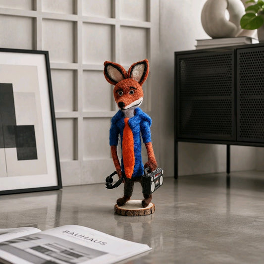 gefilzter Fuchs mit Radiorekorder und Kopfhörern