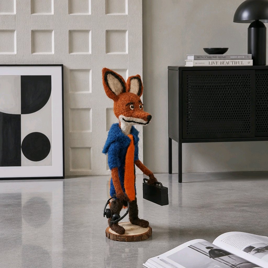 gefilzter Fuchs mit Radiorekorder und Kopfhörern