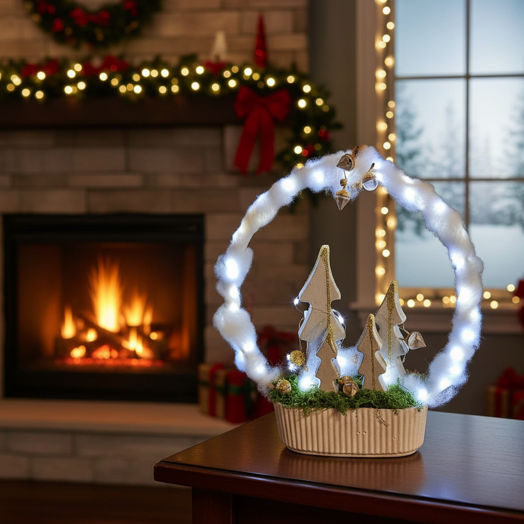 Beton Weihnachtsdeko mit Betonbäumen und Lichterkette